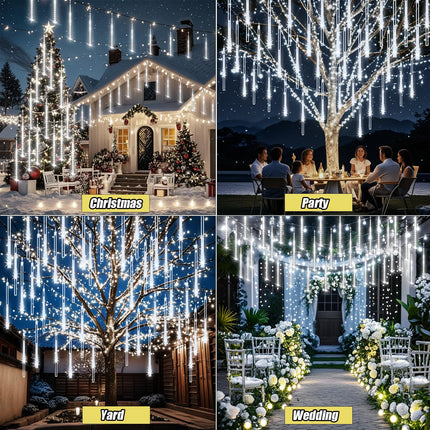 Christmas Lights Outdoor, Meteor Shower Lights 8 Tubes 192LED UL Snow Falling Rain Cascading Icicle Lights for Xmas Tree Christmas Decorations Outdoor Wedding Party Window, White