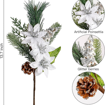 Sggvecsy 6 Pack Artificial Christmas Poinsettia Picks Faux Berries Pine Stems Berry Pine Branches with Pine Cones Poinsettia for Xmas Tree Wreath DIY Craft Floral Arrangement Holiday Decor (Silver)