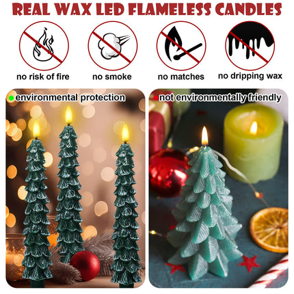 Funtery 12 Pcs Flameless Taper Candles Christmas Tree Candle with Remote Timer 9.7" 3D Real Wax Flickering LED Candles Battery Operated Lights Candlesticks with Flame for Xmas Home (White Green)