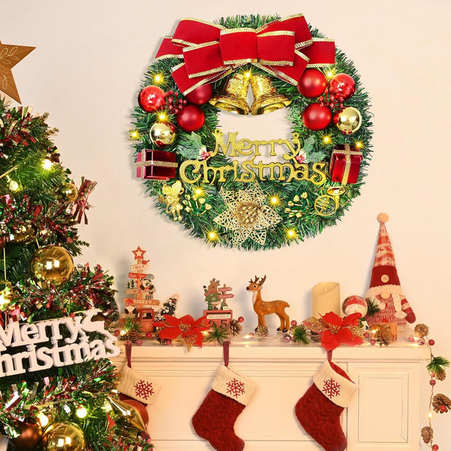 Christmas Decor - Christmas Wreaths for Front Door, 12" Christmas Wreath with Merry Christmas Sign, Christmas Door Wreath with Bowknot Bells Poinsettia Christmas Balls for Xmas Home Outdoor Decor