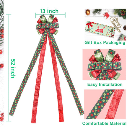 Christmas Tree Topper Wreath Bow Large Green Christmas Bow Tree Topper with Red Green Dot Patterned Bow for Xmas Ornament Holiday Home Wedding Thanksgiving Indoor/Outdoor Decoration 52"x13"