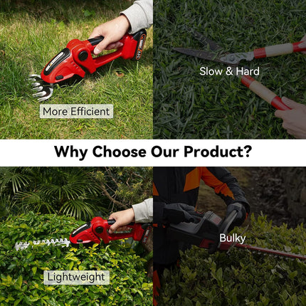 Hedge Trimmer Cordless, TOOVEM 2 in 1 Handheld Cordless Grass Shear with 2 Pcs Rechargeable Batterys and Charger, 24V Electric Weed Grass Cutter Shrubbery Trimmer for Garden, Lawn (Red)