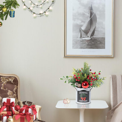 Artificial Christmas Tabletop Decorations - 14.2 Inch Small Christmas Centerpiece Potted Tree Artificial Plants with Sturdy Stand and Pine Cones and Red Berries Decoraction