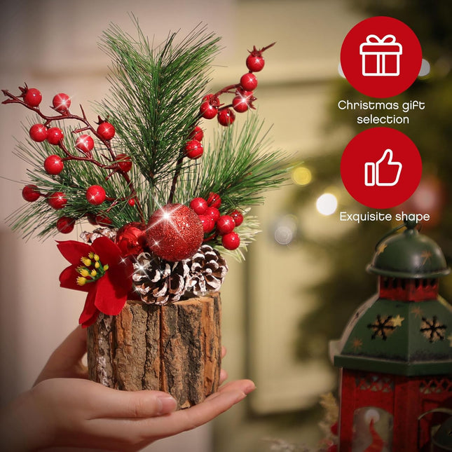 3 Pcs 11 Inch Christmas Tree Tabletop Artificial Mini Christmas Tree Decorations with Holiday Ornaments Pine Cone Red Berry Farmhouse Xmas Tree for Fireplace Home Indoor Decor(Poinsettia)
