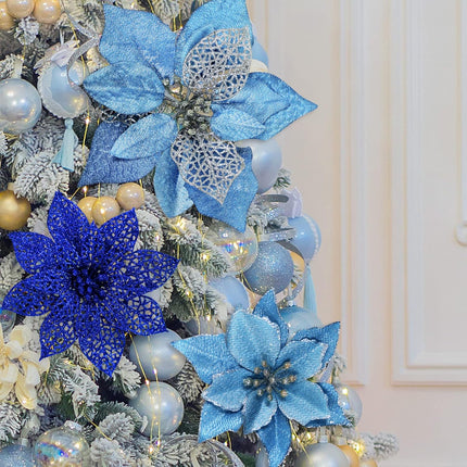 Winlyn 26 Set 3 Style Christmas Blue Glitter Poinsettia Flowers Picks Xmas Tree Ornaments and 12 Yards Decorative Blue Glittered Wired Ribbon for Blue Christmas Tree Wreath Garland Holiday Décor