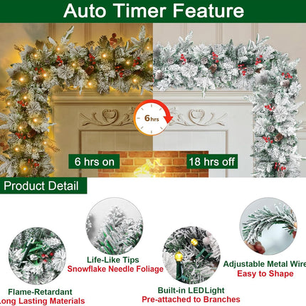 9FT Prelit Christmas Garland with 100 Lights for Mantle - Flocked Christmas Garland with Norfolk Pine Branches Cedar Pine Cone Berry Garland with Battery Operated Lights Outdoor Christmas Decorations