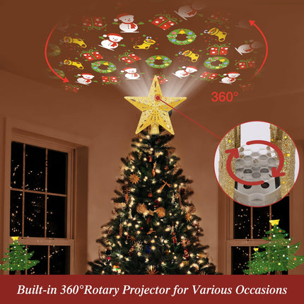 Christmas Tree Topper Lighted with 6 Pattern Projection Modes, Christmas Star Tree Topper Built-in LED Rotating Lights, 3D Glitter Dynamic Projection for Christmas Tree Decor(Gold)