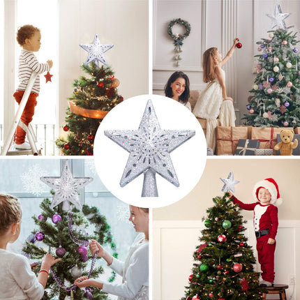 Yostyle Christmas Tree Topper Lighted with LED Snowflake Projector Lights, Lighted Star Tree Topper for Christmas Tree Decorations