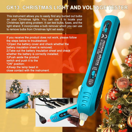 allsun Christmas Light String Tester Non Contact Voltage Finder Meter Light Bulb&Fuse Checker Gun 12-600 V AC Mini Light Repairing Tool, NOT Suitable LED Light String, Blue