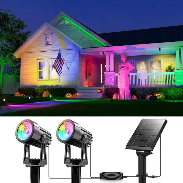 Color Changing Solar Powered Spot Lights Outdoor Waterproof Lanscape Spotlight Uplighting for Outside House, Yard, Tree, Garden, Patio, Flag, Lawn, Plant, 5 Modes RGB Accent Ambient Lighting (2-in-1)