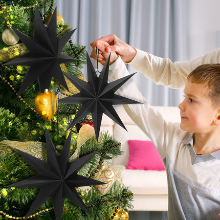 3 Pcs 9-Pointed Paper Star Lanterns 12 Inch Hanging Lampshade Paper Star Pendant Charm Star Shape for Christmas Holiday, Weddings, Birthday Party Celebration Decor (Black)