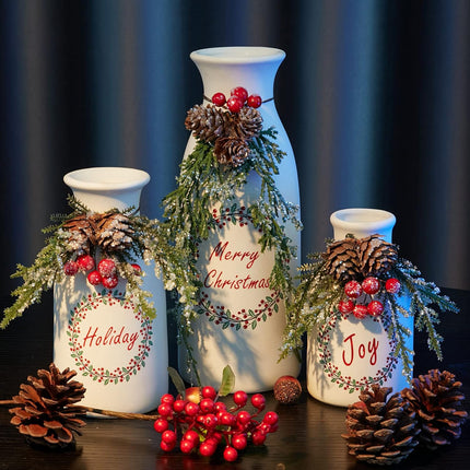 Artificial Christmas Vase 3-Piece Set Flocked with Mixed Xmas Decorations Ceramic White Bottles (White)