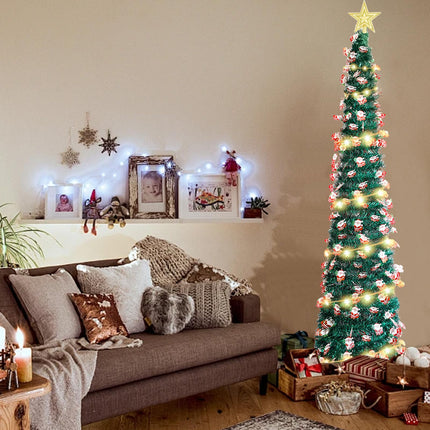 Artificial Christmas Tree, Pencil Christmas Tree with 50 LED Lights and 1 Christmas Tree Topper Star Skinny Christmas Tree for Indoor Outdoor Christmas Decorations (Santa Claus, 5FT)