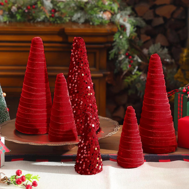 Syhood 6 Pcs Christmas Velvet Trees Set Christmas Modern Winter Tree Decorations, Christmas Home Decor, Rustic Winter Home, Minimalist Decor, Farmhouse Home Decor (Red)