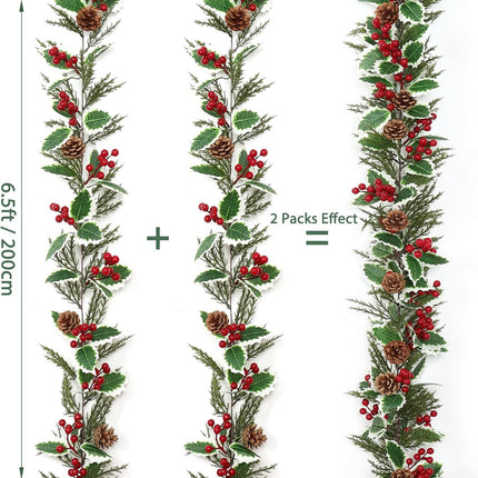 2 Pack Christmas Pine Garland 13FT Artificial Berry Holly Leaves Garland Xmas Cypress Cedar Garland Hanging Greenery Garland Christmas Vines for Home Mantle Table Fireplace Holiday Decor