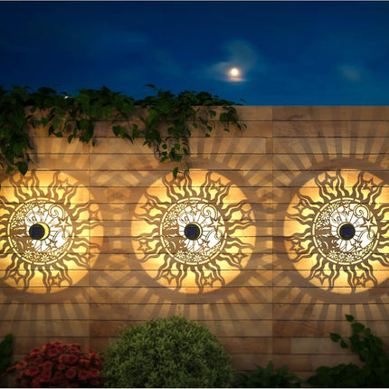 2 Pack Solar Fence Lights Solar Outdoor Wall Lights Metal Solar Powered Deck Lights Sun Moon Theme Waterproof Fence Solar Light