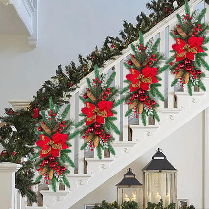 2PCS Christmas Teardrop Swag Christmas Wreaths 18'' Xmas Stairway Swag Wreath Artificial Christmas Swags Decorations for Front Door Indoor Outdoor Wall