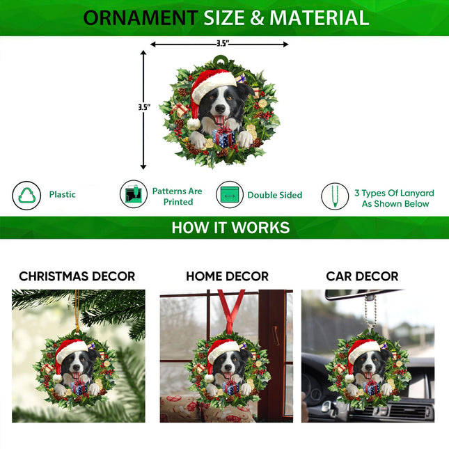 Talataca Border Collie Wearing A Christmas Hat Wreath Dog Lover 2D Flat Car Rear View Mirror Accessories Christmas Tree Ornament Decoration Hanging Charm Interior Rearview Pendant Decor