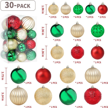 Annecy Christmas Tree Ornaments - 30 PCS Shatterproof Plastic Christmas Ball Ornaments Set for Xmas Tree, Holiday, Wreath & Party Decorations (Multi-Size, Red, Green, Gold)