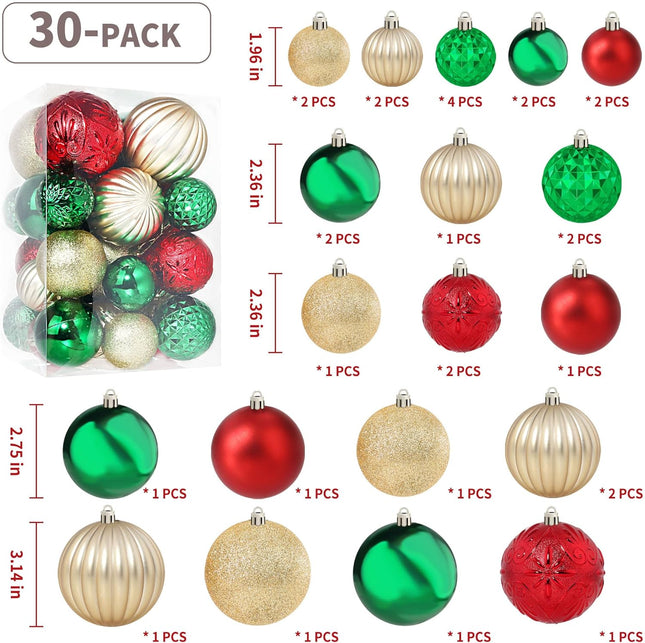 Annecy Christmas Tree Ornaments - 30 PCS Shatterproof Plastic Christmas Ball Ornaments Set for Xmas Tree, Holiday, Wreath & Party Decorations (Multi-Size, Red, Green, Gold)