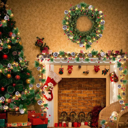 Christmas Garland with Lights, 7 FT 20 LED Red Berry Pinecone Garland Light with Xmas Tree, Durable Winter Berry Garland Christmas Decorations for Home Windows Fireplace Stairs