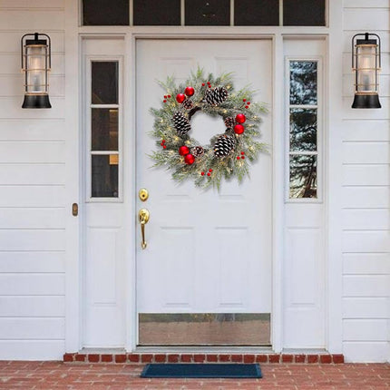 Christmas Wreath with Lights 24 Inch PreLit Christmas Wreaths for Front Door with Large Pinecones and Snowy Flocked, Battery Operated 40 LED Lights, Holiday Decoration for Fireplace Xmas Decor