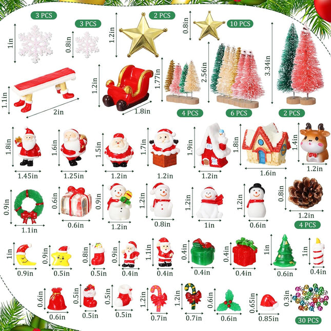 96 Pcs Miniature Ornaments for Snow Globe Kit DIY Christmas Village Decoration Christmas Figurines Mini Christmas Ornaments with Snowman Reindeer Santa Claus Snowflake(Green)