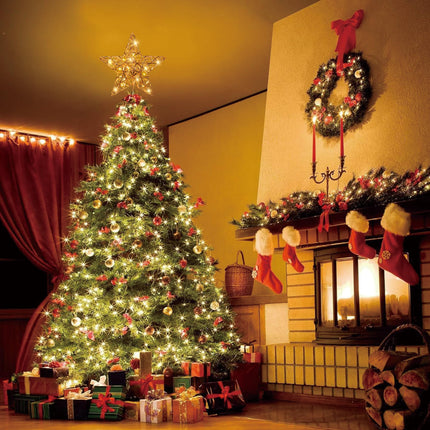 Golden Glittered Christmas Star Tree Topper - Unique Battery Operated Tree Topper with 30 Warm LED Lights, Lighted Xmas Star Tree Topper for Holiday Party Indoor Tree Decorations