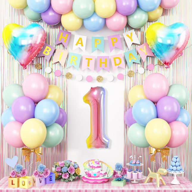 1st Birthday Decorations Rainbow,Gradient Number 1 Balloon,Pastel Happy Birthday Banner Fringe Curtain Heart Foil Balloons Boys Girls First Birthday Decor