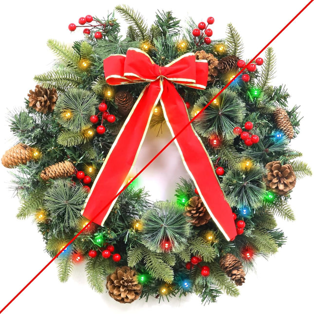 20 Inch Christmas Wreaths for Front Door, Prelit Christmas Wreath with Pinecones Berried Red Bow 50 Warm White & Colorful Lights 8 Modes Timer Norfolk Pine Wreath Xmas Wreath Decorations for Door Wall