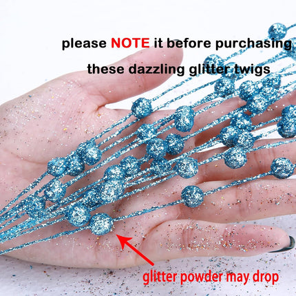 Felice Arts 6 Pack Lake Blue Artificial Glitter Berry Stems 15.7" Fake Christmas Picks Decorative Glitter Sticks for Christmas Tree DIY Wreath Crafts Fireplace Decor