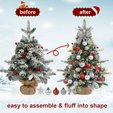Tabletop Christmas Tree 24 Inch / 2 FT Mini Artificial Christmas Tree with 40 LED Lights, Battery Operated Small Xmas Tree for Indoor Tabletop or Desktop Decoration (Red and Silver Ornament Tree)