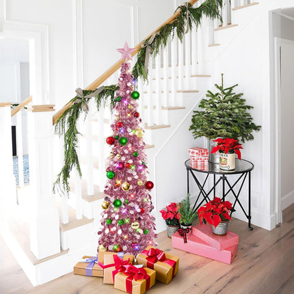 N&T NIETING Pop Up Christmas Tree with Lights & 30 Balls, 5Ft Collapsible Rose Gold Tinsel Christmas Tree Decorations, Pencil Christmas Tree Skinny Christmas Tree for Holiday Xmas Home Office Decor