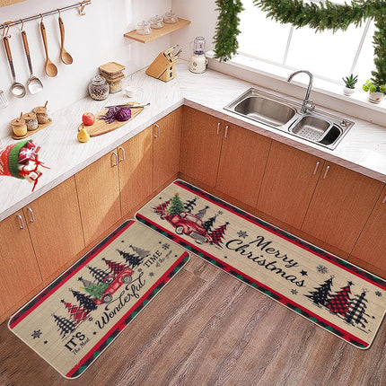 Christmas Kitchen Mats Set of 2, Truck and Tree Plaid Christmas Kitchen Decor Christmas Runner Rug and Mat Set, Low-Profile Kitchen Rugs for Floor(17x29 and 17x47 Inch)