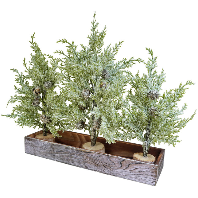 Winlyn 3 Pack Snowy Mini Cedar Trees with Pinecones and Wood Bases Artificial Small Christmas Tabletop Trees and Rustic Wood Planter for Winter Holiday Christmas Mantel Farmhouse Table Centerpiece