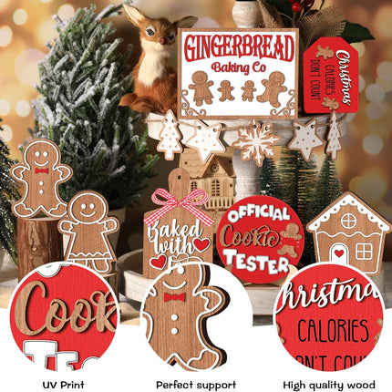 Jetec 12 Pcs Christmas Tiered Tray Decorations Set Christmas Wooden Signs Tiered Tray Decor Xmas Gingerbread Man Snowflakes Pink Gnome Sign Rustic Farmhouse Decor for Home Table Shelf(Santa)