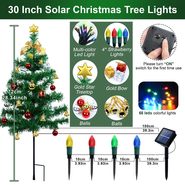 Ninonly 2 Pack Solar Christmas Trees Light,Waterproof Solar Garden Christmas Strawberry Outdoor Light with 68 LEDs 8 Modes 28Inch Solar Christmas Lights for Yard Landscape Pathway Grave Decoration