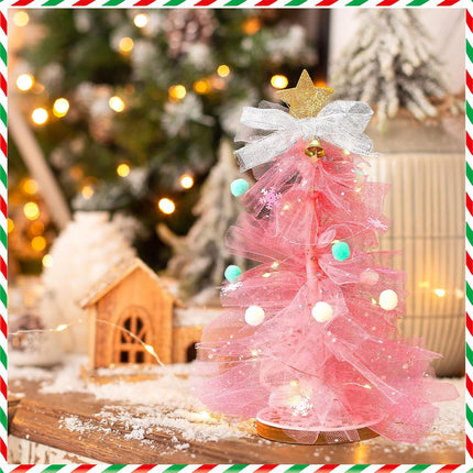 Hungdao 3 Set DIY Christmas Tree Craft Kit Christmas Tabletop Decorations 12 Inch Tulle Christmas Tree with Light Christmas Tree Centerpieces for Table for Christmas Birthday Holiday Women Decor