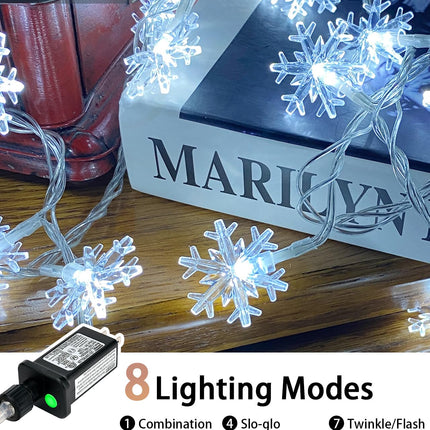 100 LED Snowflake Christmas Lights, 32ft Waterproof String Lights, 8 Modes Plug-in Fairy Lights for Indoor/Outdoor Xmas Decorations, Christmas Tree, Year (White)