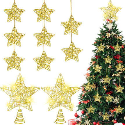 Hiboom 10 Pcs Lighted Christmas Tree Topper Star Decorations 2 Pcs 10'' Hollow Christmas Star and 8 Pcs Star Ornament Battery Operated Christmas Star Build in 20 LED for Holiday Indoor Christmas Decor