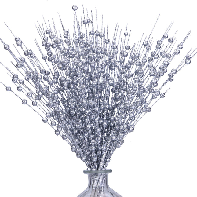 10 Pack Silver Artificial Glitter Berry Stems 15.7" Fake Christmas Picks Decorative Glitter Sticks for Christmas Tree DIY Wreath Crafts Fireplace Decor