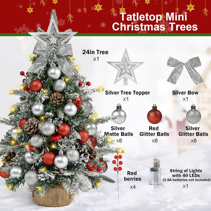 Tabletop Christmas Tree 24 Inch / 2 FT Mini Artificial Christmas Tree with 40 LED Lights, Battery Operated Small Xmas Tree for Indoor Tabletop or Desktop Decoration (Red and Silver Ornament Tree)