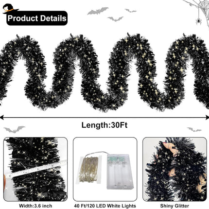 TURNMEON 30 Ft Christmas Tinsel Garland 30 Ft 100 Warm White Lights Thick and Thin Metallic Streamers Foil Tinsel Twist Black Garland Christmas Tree Decorations Indoor Outdoor Party Supplies