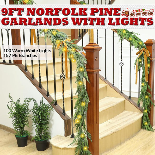 9 FT Norfolk Pine Garland Realistic 9 Feet Artificial Christmas Natural Touch Garlands for Mantle Front Door Windows Fireplaces Tables Indoor Outdoor Holiday Greenery Garland Decorations