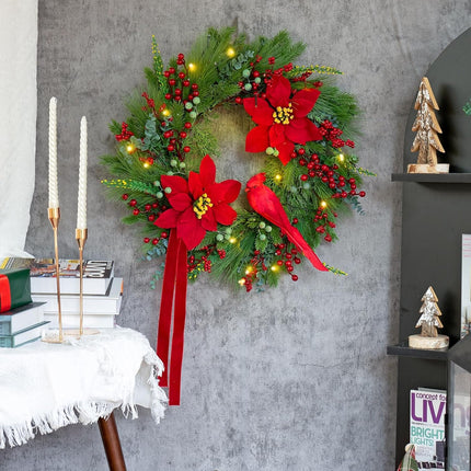 Pre-Lit Christmas Wreaths for Front Door 24 Inch Christmas Wreath with Lights,Large Winter Wreath with Cardinal Birds,Poinsettia,Green Evergreen Pine Needles Red Berries Holiday Wreath Decor