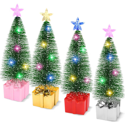 Christmas Decorations Mini Christmas Tree with Lights, 4 pcs Christmas Decor Indoor, Small Christmas Tree, Christmas Village Trees with String Lights for Home Party Table, Christmas Craft with Star