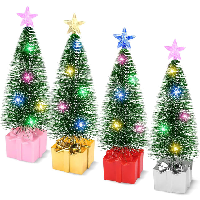 Christmas Decorations Mini Christmas Tree with Lights, 4 pcs Christmas Decor Indoor, Small Christmas Tree, Christmas Village Trees with String Lights for Home Party Table, Christmas Craft with Star