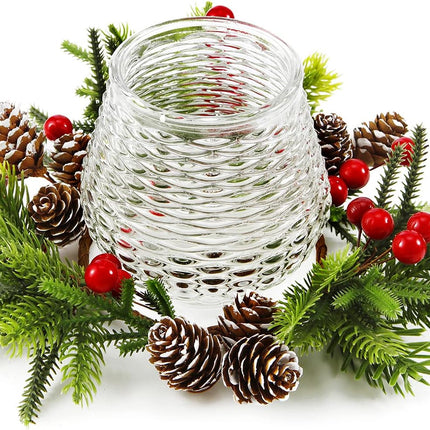 Christmas Candle Holder with Wreath Candle Rings, Christmas Centerpieces with Artificial Snowy Pine Cones and Berries for Home Dining Table Decoration