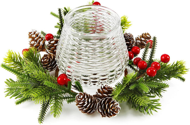 Christmas Candle Holder with Wreath Candle Rings, Christmas Centerpieces with Artificial Snowy Pine Cones and Berries for Home Dining Table Decoration