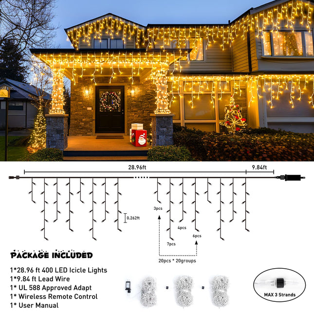 JMEXSUSS 38.8FT Icicle Lights for Outside, 400 LED Icicle Christmas Lights Outdoor Indoor Plug in, Warm White Christmas Icicle Lights with Remote for Wedding House Fireplace Christmas Decorations